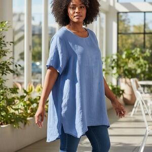 FLAX Blue Linen Tunic Shirt Dress Lightweight Flowy Arty Oversized Lagenlook